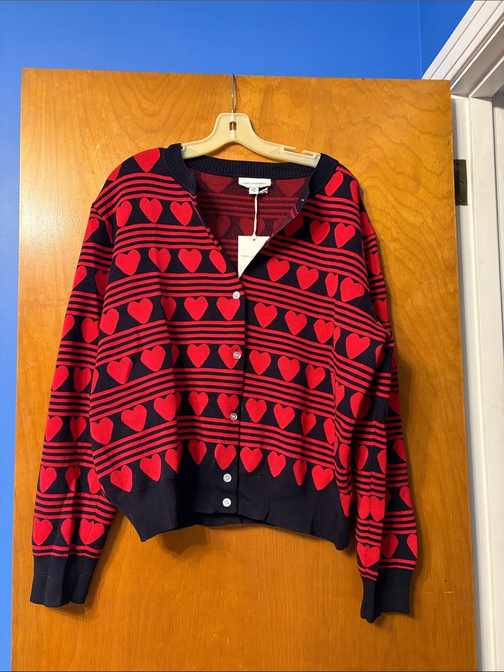 NWT Free Assembly Heart-Pattern Black & Red Button-Front Cardigan Sweater